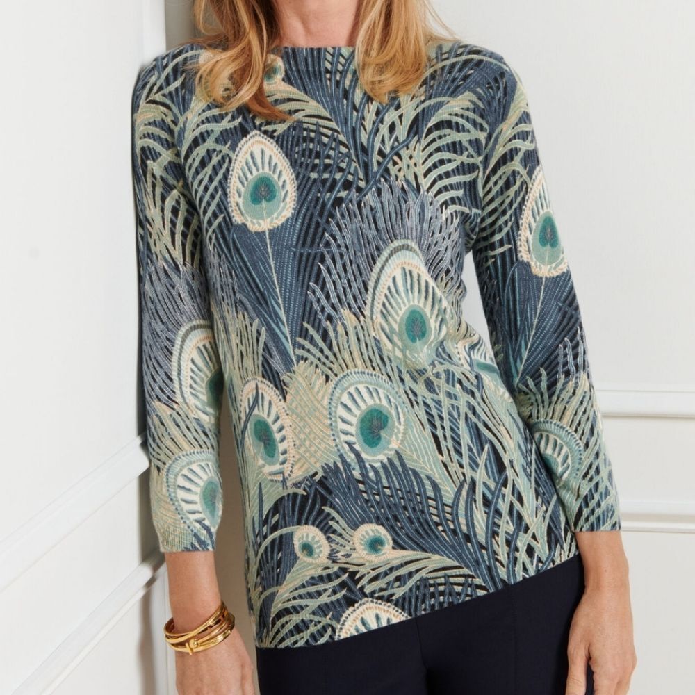 EUC Talbots Audrey Cashmere Sweater Peacock Feather Leaf Novelty Print Sz Lp